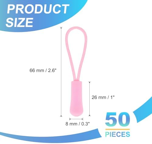 PATIKIL 2.6 Inch Zipper Pulls Replacement, 50 Pcs Nylon Cord Extension Zipper Pull Tab Tags for Handbag Backpacks Jackets Luggage Purses, Light Pink