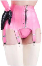 Sexy Latex Rubber Mini Skirt, Pink Garters With Metal Clips