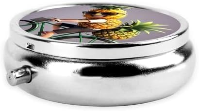 ZhongGuo Pineapple Bike Printed Pill Organizer,Round Travel Pill Organizer Mini Medicine Pill Box for Purse Iron Plating