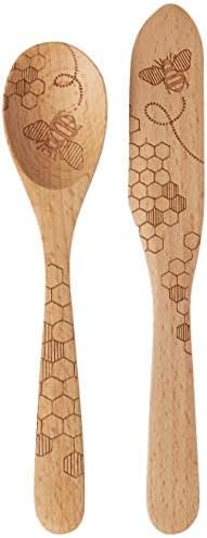 Talisman Designs Beechwood Spoon and Spreader Laser Etched Honey Bee Design, Set of 2, Jam Spoon & Spreader