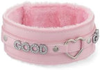 Pink Furry Heart O-ring Leather Choker Collar For Women, Handmade Punk Gothic Letter Necklace Adjustable Fashion Jewelry