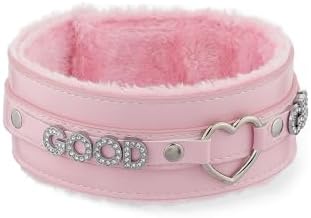 Pink Furry Heart O-ring Leather Choker Collar For Women, Handmade Punk Gothic Letter Necklace Adjustable Fashion Jewelry