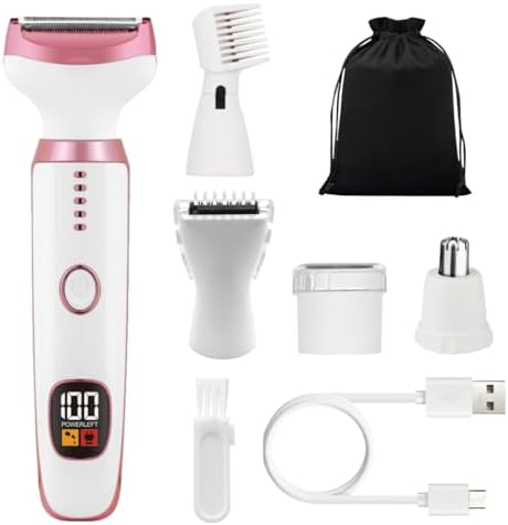 Electric Razors for Women, 5 in 1 Painless Ladies Wet & Dry Body Razors and Facial Hair Remover, Rechargeable Facial and Body Hair Remover for Face Nose Eyebrow Arms Armpit Legs Pubic Area（White）