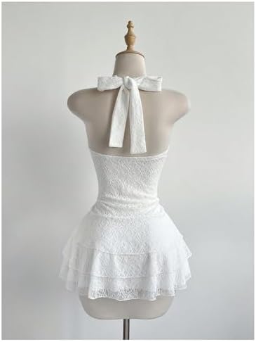 Milumia Women's Lace Halter Mini Dress Beaded Tie Back Layered Ruffle Hem Sexy Going Out Dresses