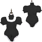 Bodysuit Shiny PVC Short Sleeve Maid Costume Vinyl Maid Dress Lockable Jumpsit Plus Size,Black,XXL