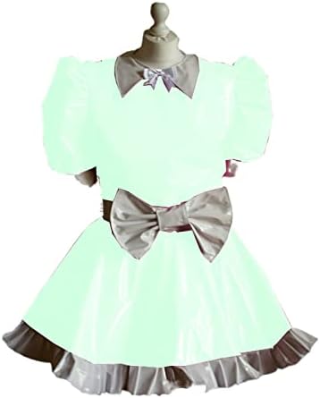 Maid Cosplay Sleeve Mini Dress Ladies Cute White Bowknot Decor Uniform PVC Patchwork A-line Pleated Dress,Light Green,6XL