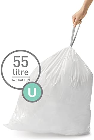 simplehuman Code U 100 Count, Dispenser Pack Custom Fit Liners, Drawstring Trash Bags, 55 Liter / 14.5 Gallon, White