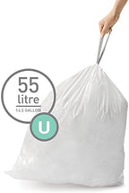 simplehuman Code U 60 Count, Dispenser Pack Custom Fit Liners, Drawstring Trash Bags, 55 Liter / 14.5 Gallon, White
