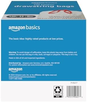 Amazon Basics Tall Kitchen Drawstring Trash Bags, Sturdy and Tear Resistant, 13 Gallon, Unscented, 120 Count
