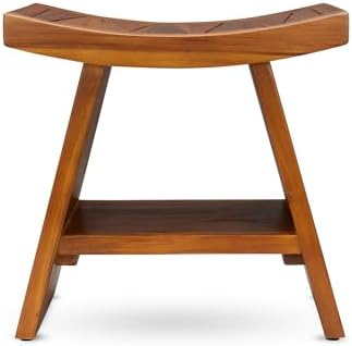 TeakCraft Teak Shower Stool with Shelf – Water Resistant, Non-Slip Premium Indonesian Teak Wood Bath Seat Bench for Shower – Fully Assembled Wood Spa Bath Organizer Seat with Leveling Feet, The Randi