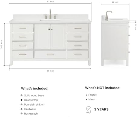 ARIEL Cambridge 66-inch Bathroom Vanity with Sink,Solid Wood, 1.5-inch Pure White Quartz Countertop & Backsplash, Single Rectangular Porcelain Sink, 2 Soft Closing Doors, 9 Dovetail Drawers, White