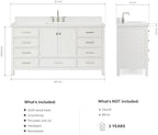 ARIEL Cambridge 66-inch Bathroom Vanity with Sink,Solid Wood, 1.5-inch Pure White Quartz Countertop & Backsplash, Single Rectangular Porcelain Sink, 2 Soft Closing Doors, 9 Dovetail Drawers, White