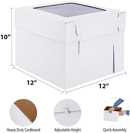 Tall Cake Boxes for Tier Cakes,12x12x10 Inch [10Pack ] Thick Sturdy Bakery Box with Window,White Cake Carrier, Disposable Cake Containers,Birthday Cake Boxes