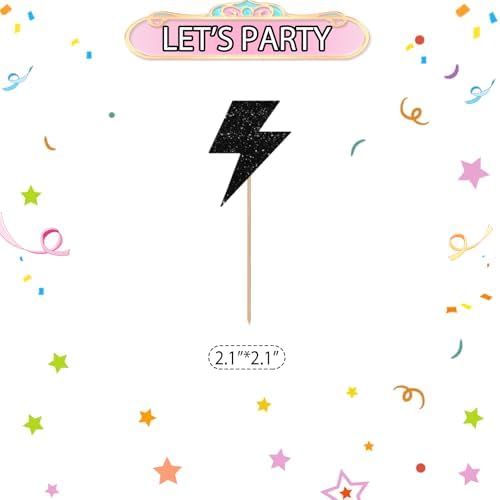 24pcs Lightning Cupcake Toppers, Lightning Bolt Cupcake Toppers, Black Glitter Weather Cake Decoration for Baby Shower, Lightning Weather Themed Birthday Party Supplies