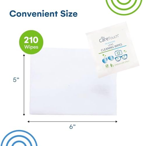 Care Touch Lens Wipes for Eyeglasses- 210 Count Individually Wrapped Pre- Moistened Wipes, 5 x 6 Inch- Camera Lens, Sunglasses and Glasses Cleaner,- Gentle and Portable for Cleaning of Optical Devices