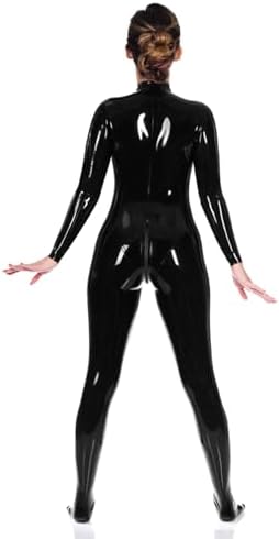 Black Women Latex Catsuit Front Zipper with Socks Tight Rubber Bodysuit Jumpsuit Party Wear