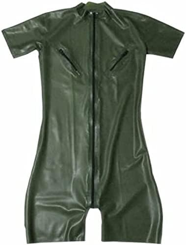 Latex Men's Catcuit with Nipple Zips, Army Green, Natural Rubber, Short Legs, Clothing Front Zip, Customised Jumpsuit,Black,XXL