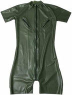 Latex Men's Catcuit with Nipple Zips, Army Green, Natural Rubber, Short Legs, Clothing Front Zip, Customised Jumpsuit,White,l