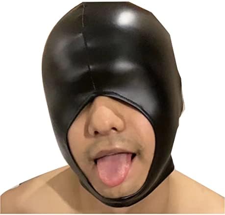 PU Leather Latex Head Cover Mask, Eye Mask Show Nose and Mouth, Black, One Size