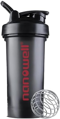 NANOWELL Shaker Bottle 20 oz (600 ml) – BPA-Free Portable Bottle with Stainless Steel Whisk Ball for Protein Shakes and Smoothies (Black with Red)