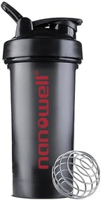 NANOWELL Shaker Bottle 20 oz (600 ml) – BPA-Free Portable Bottle with Stainless Steel Whisk Ball for Protein Shakes and Smoothies (Black with Red)
