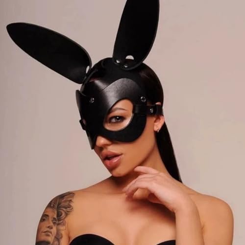 Dzrige Woman Leather Mask Half Face Bunny Mask Cosplay Costume Accessory for Halloween Carnival Masquerade Birthday Party Cosplay