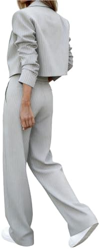 Women's 2 Piece Striped Blazer Jacket & Pants Set - Cropped High Waisted Wide Leg for Daily Work & Streetwear