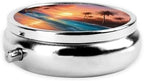 ZhongGuo Tropical Sunset Printed Pill Organizer,Round Travel Pill Organizer Mini Medicine Pill Box for Purse Iron Plating
