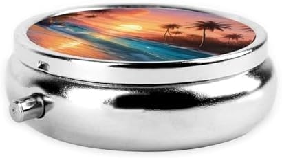ZhongGuo Tropical Sunset Printed Pill Organizer,Round Travel Pill Organizer Mini Medicine Pill Box for Purse Iron Plating
