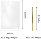 kovauro Cellophane Treat Bags 4x6 Inches 100 Pcs, Heavy Duty Crystal Clear Cookie Bags with Gold Twist Ties, Premium OPP Plastic Goodie Bags for Candy Bakery Cake Pops Party Favors