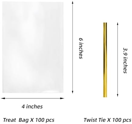 kovauro Cellophane Treat Bags 4x6 Inches 100 Pcs, Heavy Duty Crystal Clear Cookie Bags with Gold Twist Ties, Premium OPP Plastic Goodie Bags for Candy Bakery Cake Pops Party Favors