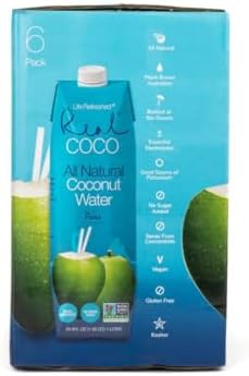 Real Coco All Natural Pure Coconut Water (6-Pack 1L), Single Ingredient, No Added Sugar, Plant Based, Packed with Electrolytes, Vegan