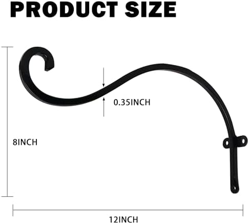 Hourleey 2 Pack Plant Hanger Outdoor, 12 Inch Heavy-Duty Hanging Plant Hook for Outside Basket, Black Metal Wall Mount Plant Bracket Hook for Flower Baskets Bird Feeder