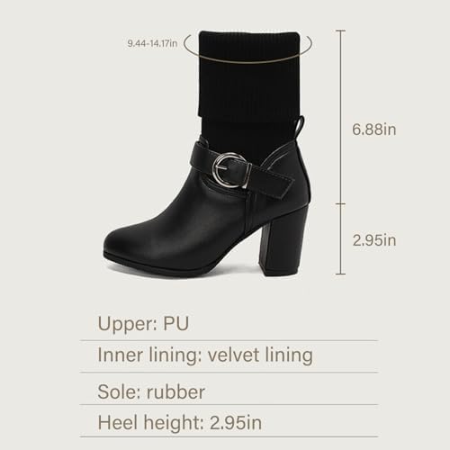 Women's Leather Knitted Chunky Heel Fashion Ankle Boots Closed Pointed Buckle Decoration Block Heel Non-Slip Warm Socks Business Party Slip-On Mid-Calf Formal Boots