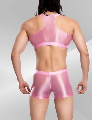 Men's Sexy Sleeveless Tank Top Oil Glossy Sissy Sheer Crop Top Workout Shiny Half Tops with Boxer Shorts Set