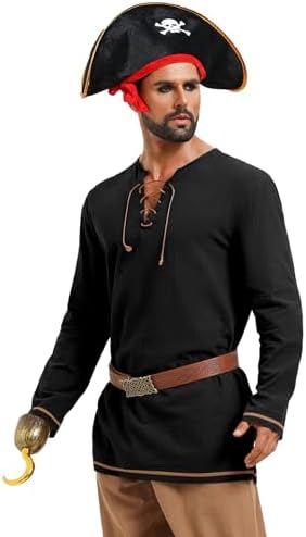 Runcati Mens Medieval Pirate Tunic Shirt Renaissance Viking Knight Costume Shirts Lace Up Halloween Warrior LARP Tops