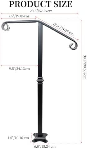 Handrail Railing, Single Post Handrail, Stair Railing for Concrete,Sturdy Handrails with Base, Mountable Iron Stair Handrail for 1 or 2 Steps, Grab Rail for Steps Porch, Railings for Outdoor Step