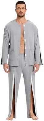 Deyeek Post Shoulder Surgery Shirts for Men Chemo Port Shirts Dialysis Patient Care Tear Away Cotton Pajamas Set