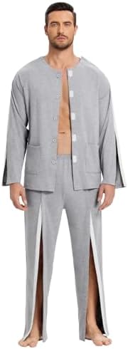 Deyeek Post Shoulder Surgery Shirts for Men Chemo Port Shirts Dialysis Patient Care Tear Away Cotton Pajamas Set