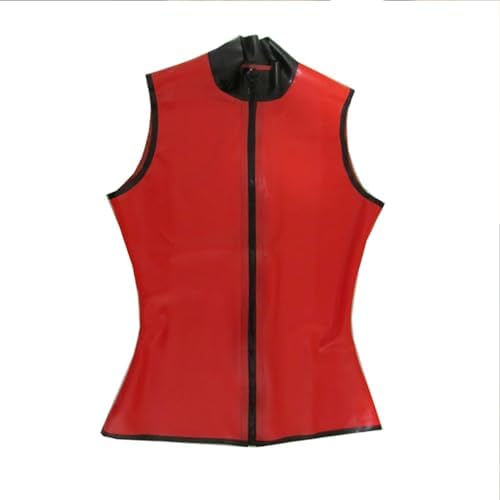 Women's Red Sleeveless Latex T-Shirt with Front Zipper,Shaping Casual Latex Tank Tops,for Novelty Club Wear
