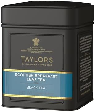 Taylors of Harrogate Scottish Breakfast, Black Tea, Loose Leaf, 4.41 Ounce Tin Caddy, Strong, Malty and Full, Caffeinated, Premium Whole Leaf Tea
