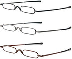 MMOWW Ultra Small Reading Glasses For Men Women Slim Pocket Readers with Pen Clip Metal Case Spring Hinge 3 Pairs (Black+Grey+Brown,+2.5)