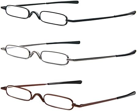 MMOWW Ultra Small Reading Glasses For Men Women Slim Pocket Readers with Pen Clip Metal Case Spring Hinge 3 Pairs (Black+Grey+Brown,+2.5)