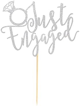 Just Engaged Cake Topper for Engagement Party Decorations, Engaged Ring Sign, Bridal Shower We're Engaged Cake Toppers - Silver Glitter