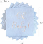 Baby Shower Napkins - 50 Pack Disposable Paper Luncheon Cocktail Napkins with Foil "Oh Baby!" Folded 6.5"x6.5" for Boy Baby Shower Party (Blue with Silver)