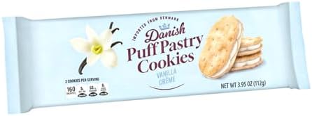Danish Puff Pastry Cookies: Vanilla Creme Sandwich Cookies with Caramelized Sugar Coating, European Import from Denmark, Light Layers & Crispy Snack Treat, 3.95oz Bag
