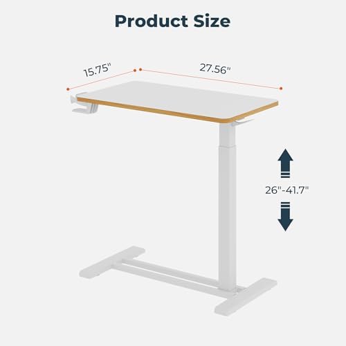Medical Overbed Adjustable Bedside Table with Hidden Casters, Pneumatic Mobile Rolling Laptop Standing Desk with Tray for Home and Hospital Use, White
