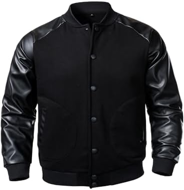 FANARCHER Men's Varsity Baseball Jacket Cotton Blend Letterman Jacket with Faux Leather Sleeve Bomber Coat