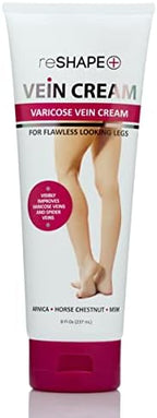 Reshape+ Varicose Vein Relief & Vein Care Cream W/Collagen, Arnica, & Horse Chestnut - Visibly Reduce Varicose Veins, Bruises, & Spider Veins, Varicose Vein Treatment Lotion For Legs & Body, 8 Fl Oz