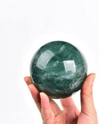 JIC Gem Big Green Quartz Crystal Ball Green Fluorite Healing Gemstone Sphere with Decorative Wooden Stand for Meditation,Home Decoration (80-90mm)